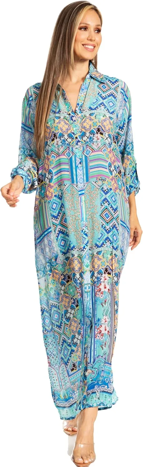 Sakkas Womens Long Sleeves Button Down Spring/Summer Maxi Shirt Dress/Beachwear