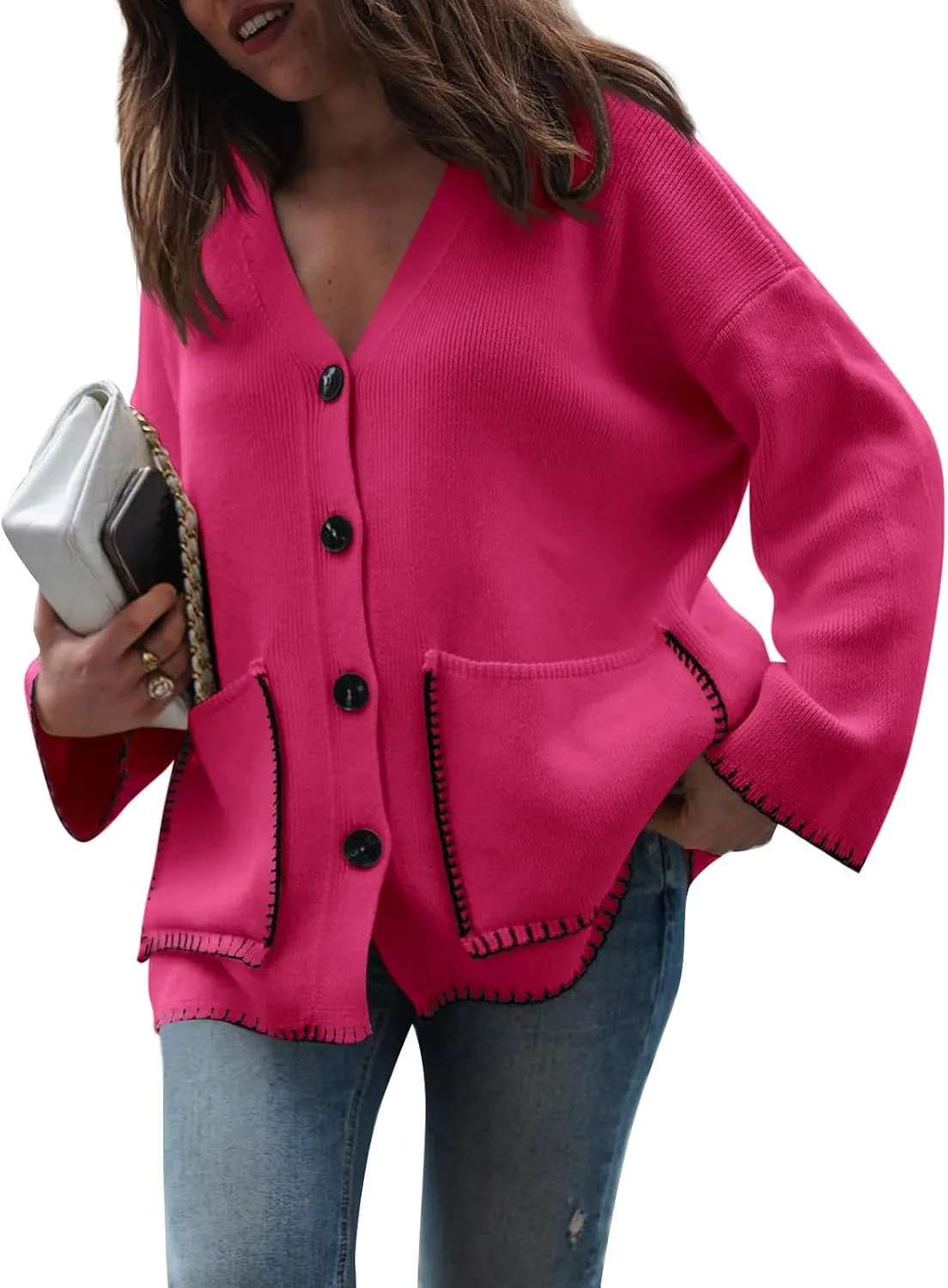 Saodimallsu Womens Fall Cardigan 2024 Button Down Trendy Knit Open Front Casual Loose Sweaters Coat with Pockets