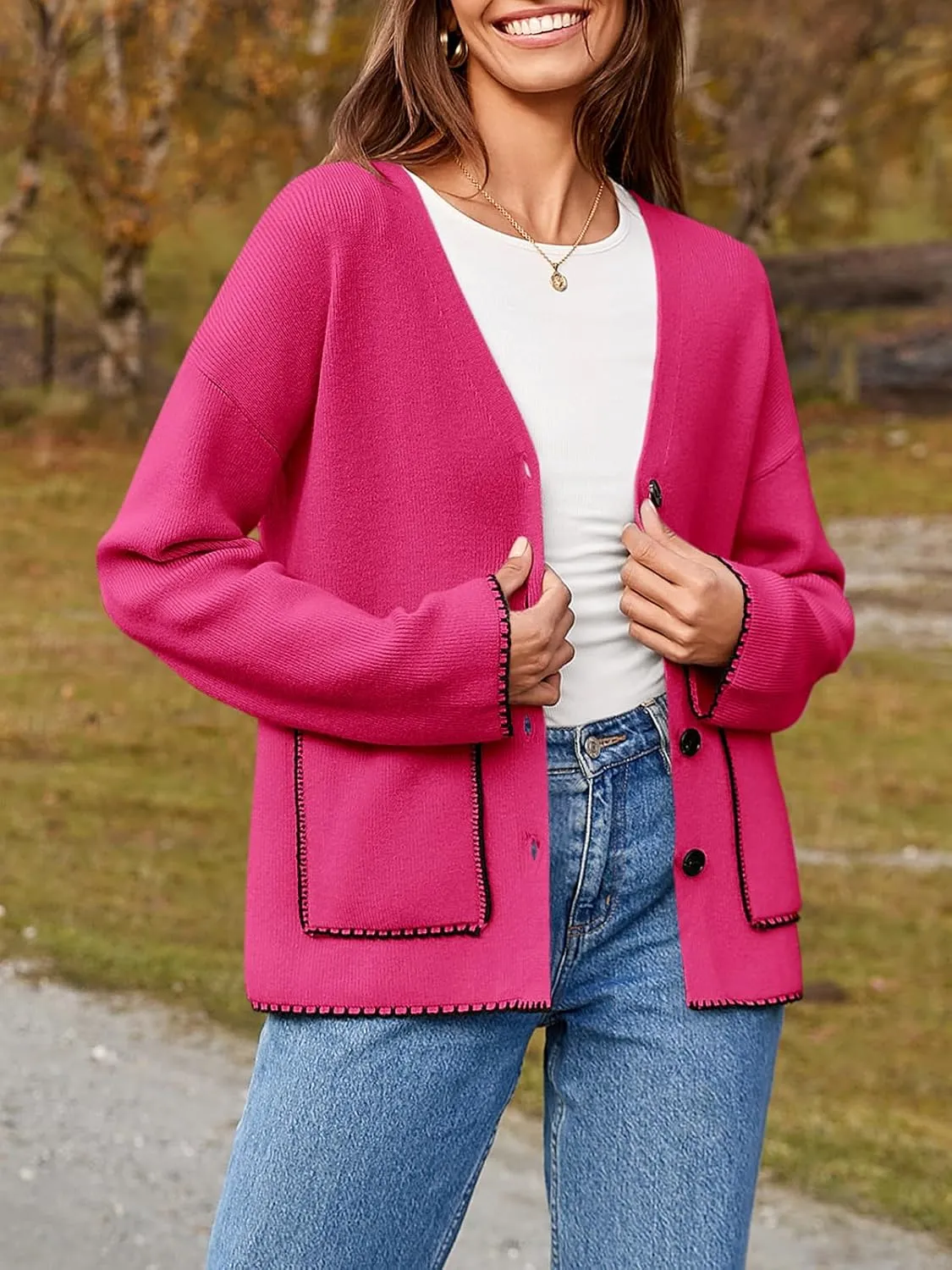 Saodimallsu Womens Fall Cardigan 2024 Button Down Trendy Knit Open Front Casual Loose Sweaters Coat with Pockets