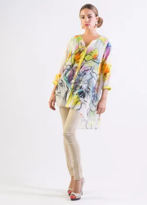 Silk/ Cotton abstract bird print hi-low hem long shirt