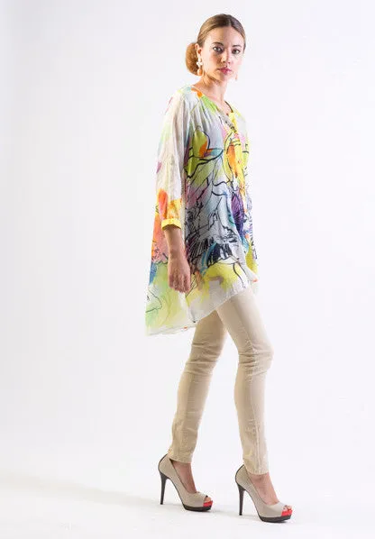 Silk/ Cotton abstract bird print hi-low hem long shirt