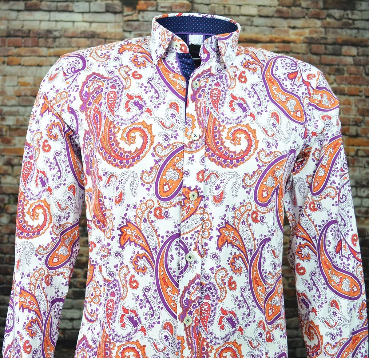 Slim Fit Paisley Cotton Shirt in Purple, Blue and Orange