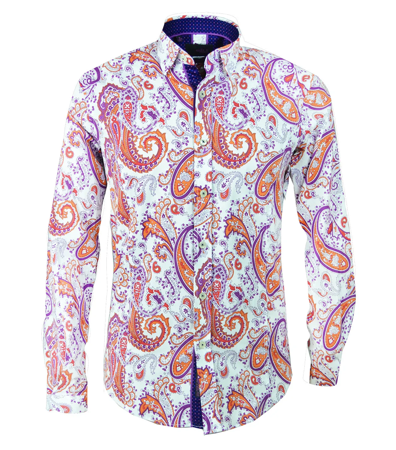 Slim Fit Paisley Cotton Shirt in Purple, Blue and Orange