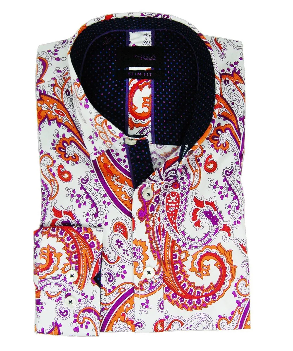 Slim Fit Paisley Cotton Shirt in Purple, Blue and Orange