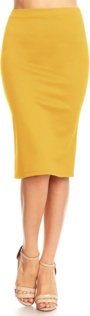Solid High Waist Band Bodycon Office Work Midi Stretchy Pencil Skirt/Made in USA Mustard XL
