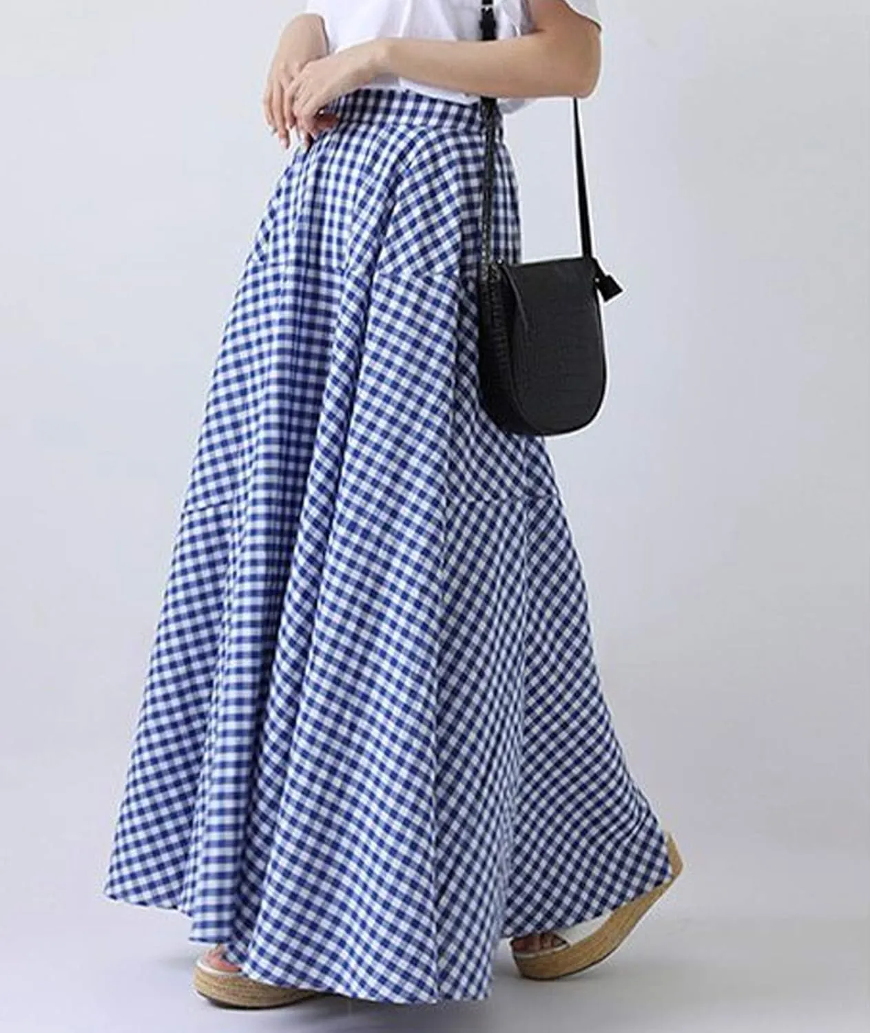 SOMTHRON Women's Retro Plaid Maxi Skirt A Line Pleated Flared Elastic High Waisted Gingham Summer Swing Long Skirt