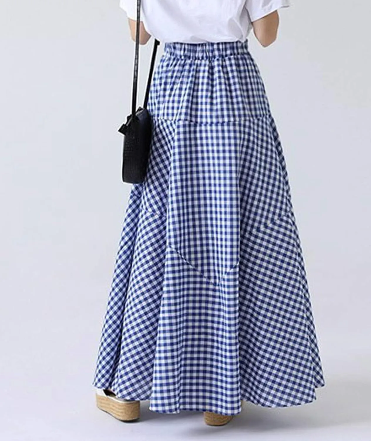 SOMTHRON Women's Retro Plaid Maxi Skirt A Line Pleated Flared Elastic High Waisted Gingham Summer Swing Long Skirt