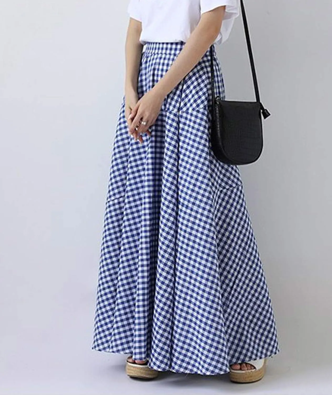 SOMTHRON Women's Retro Plaid Maxi Skirt A Line Pleated Flared Elastic High Waisted Gingham Summer Swing Long Skirt