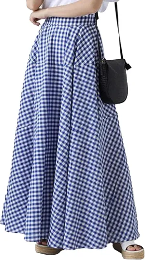 SOMTHRON Women's Retro Plaid Maxi Skirt A Line Pleated Flared Elastic High Waisted Gingham Summer Swing Long Skirt