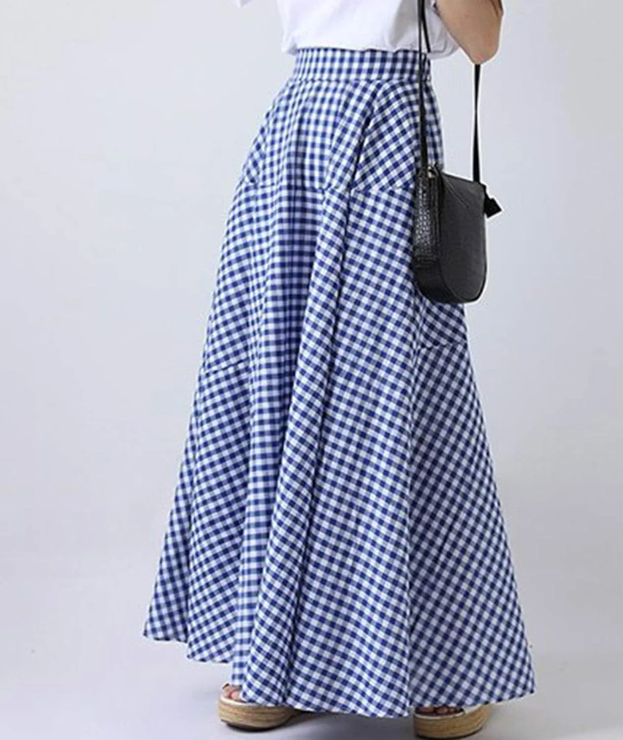 SOMTHRON Women's Retro Plaid Maxi Skirt A Line Pleated Flared Elastic High Waisted Gingham Summer Swing Long Skirt