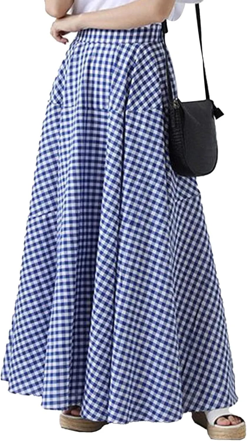 SOMTHRON Women's Retro Plaid Maxi Skirt A Line Pleated Flared Elastic High Waisted Gingham Summer Swing Long Skirt