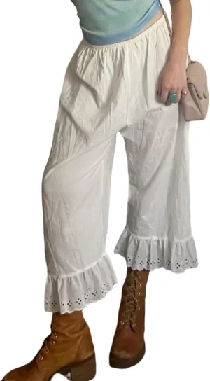 Sunloudy Women Lace Trim Long Bloomers Elastic Waist Ruffle Pettipants Slip Under Dress Pantaloons Vintage Wide Leg Half Slip