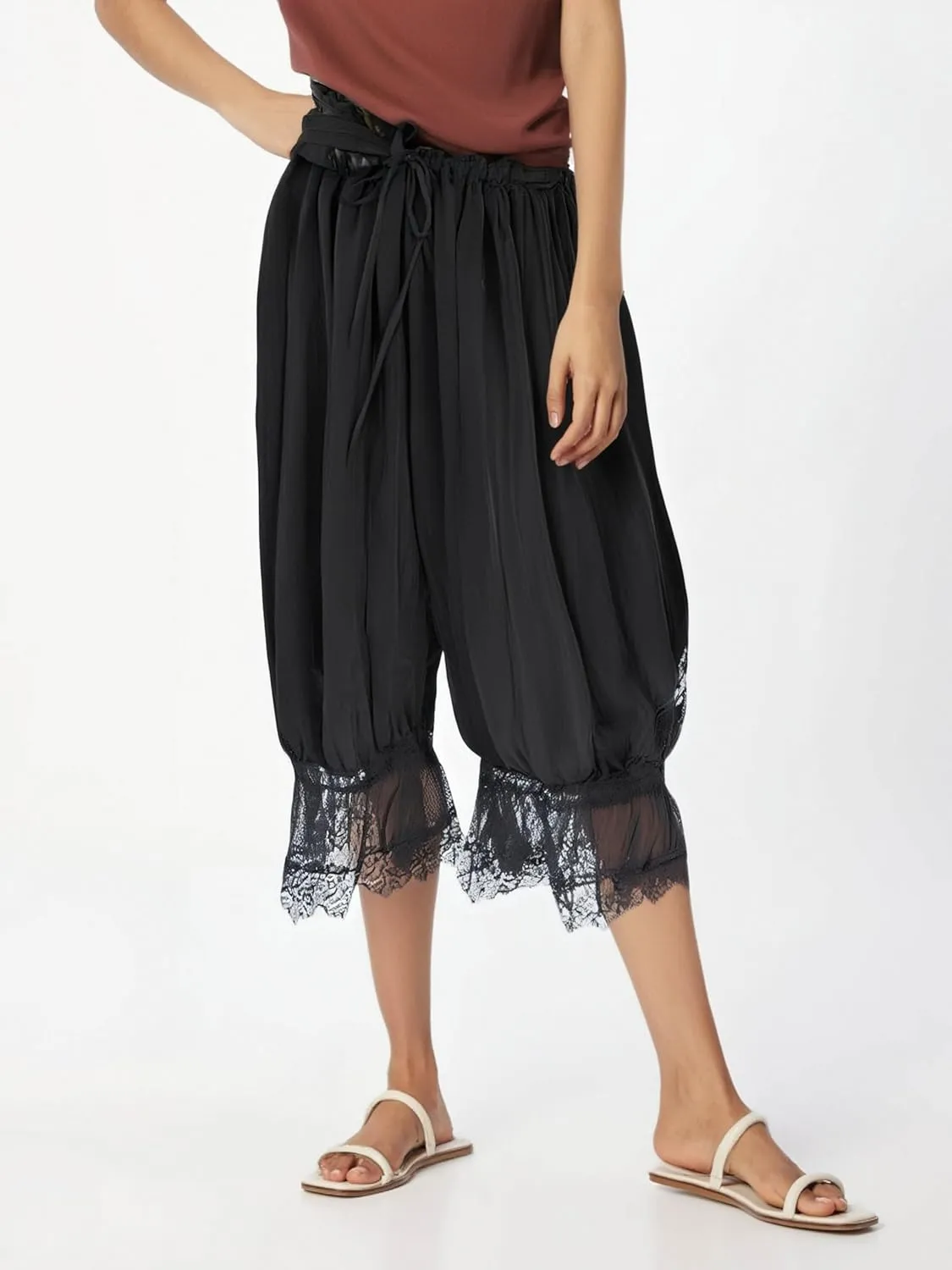 UAURORAO Women Lace Trim Long Bloomers Elastic Mid Rise Ruffle Pantaloons Cropped Flared Slips Pants Pajama Bottoms