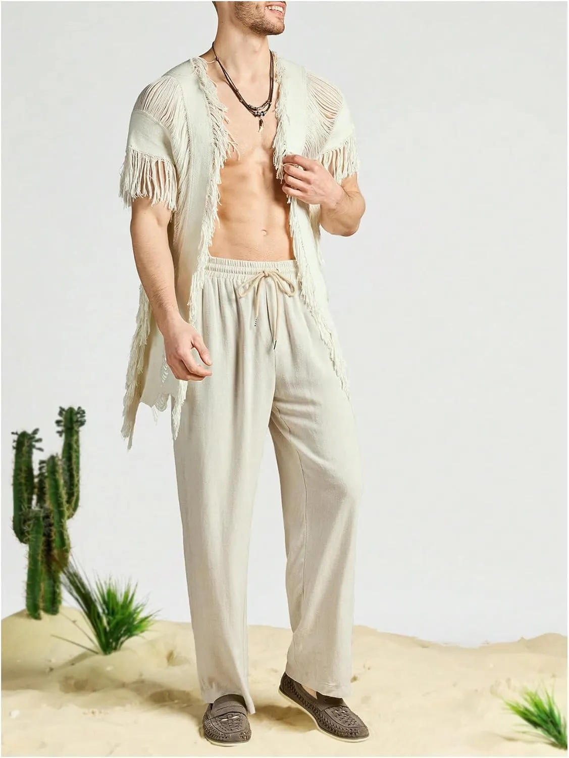 Verdusa Men's Open Front Fringe Loose Cardigan Cape Knit Shawl Wrap