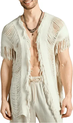 Verdusa Men's Open Front Fringe Loose Cardigan Cape Knit Shawl Wrap