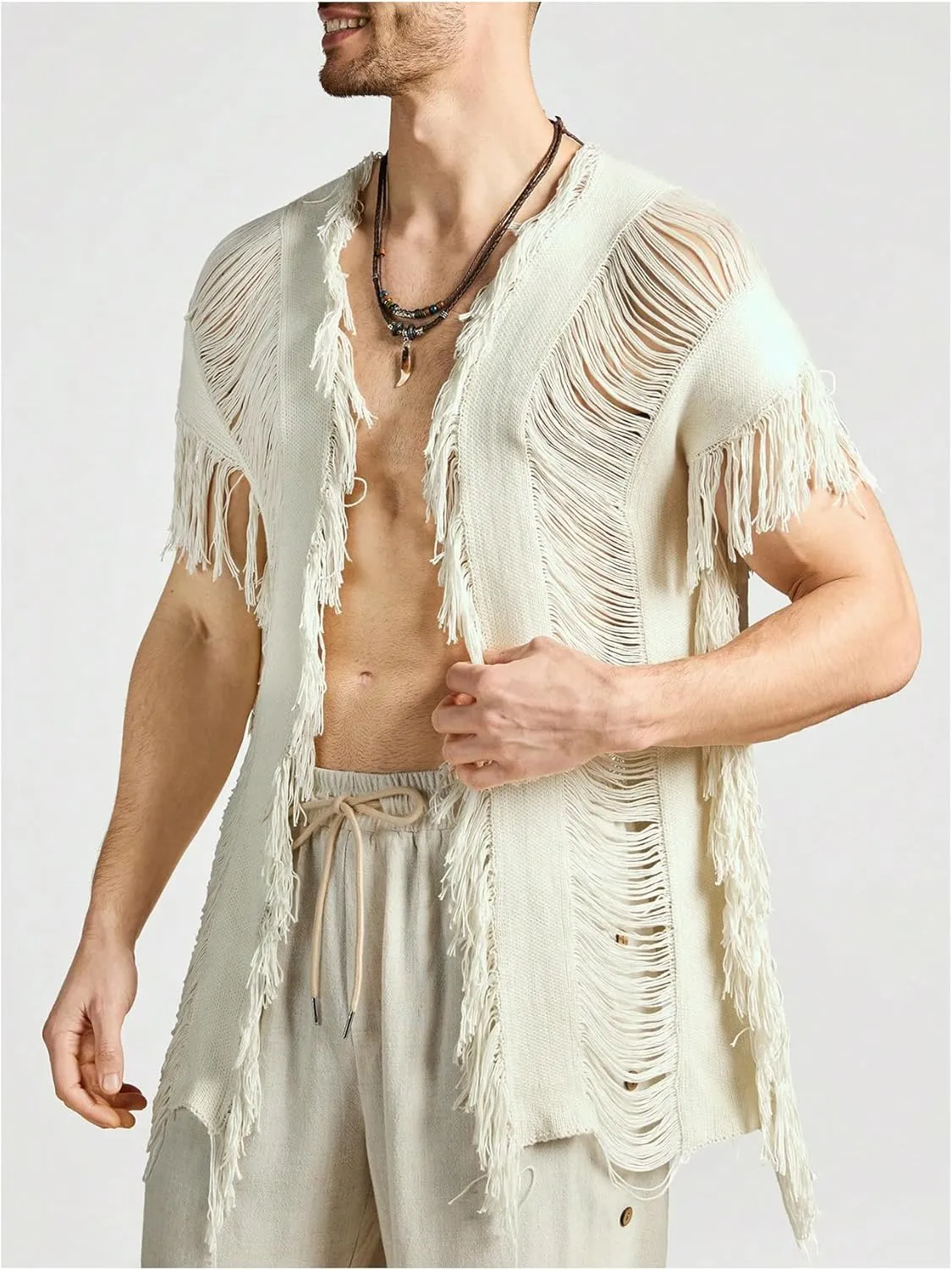 Verdusa Men's Open Front Fringe Loose Cardigan Cape Knit Shawl Wrap