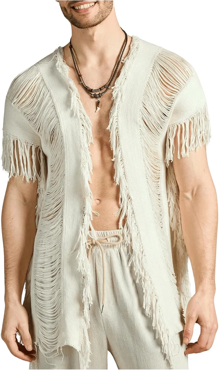 Verdusa Men's Open Front Fringe Loose Cardigan Cape Knit Shawl Wrap