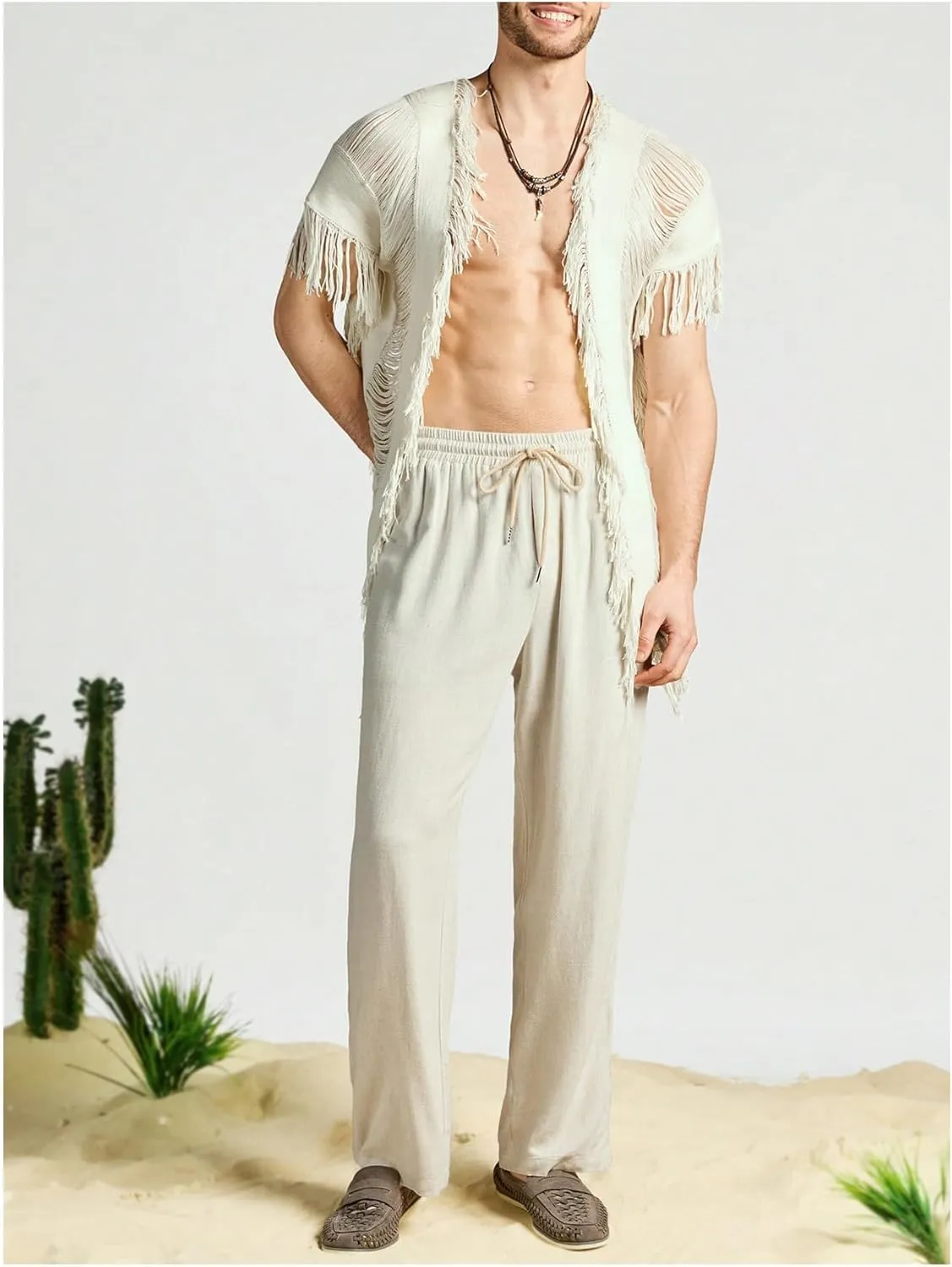 Verdusa Men's Open Front Fringe Loose Cardigan Cape Knit Shawl Wrap