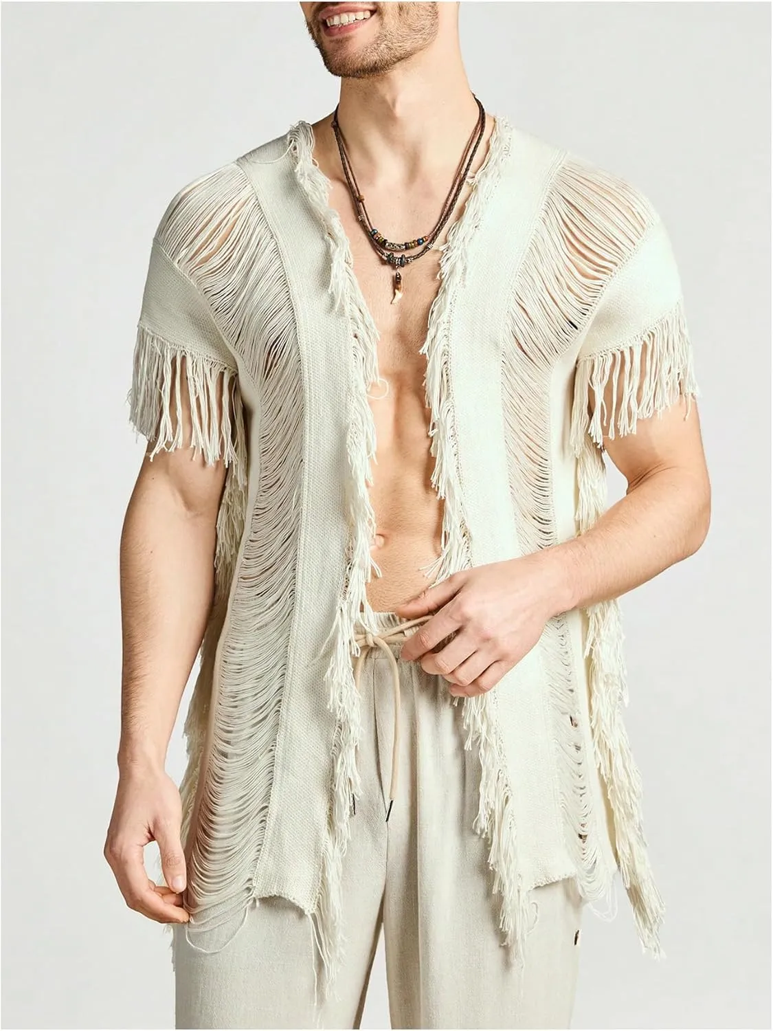 Verdusa Men's Open Front Fringe Loose Cardigan Cape Knit Shawl Wrap
