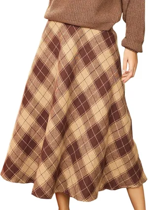 Women Plaid Skirt Vintage High Waist Pleated Skirt Casual Knee Length A-Line Stretch Flared Midi Skirt with Pockets
