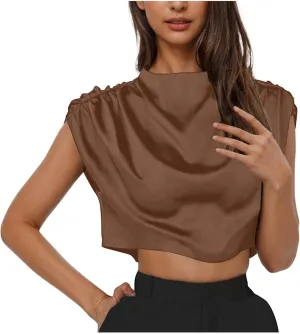 Women's Crop Top Short Sleeve Pullover Blouses Satin Silk Shirts Casual Loose Fit Elegant Business Work Tunic Tops