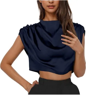 Women's Crop Top Short Sleeve Pullover Blouses Satin Silk Shirts Casual Loose Fit Elegant Business Work Tunic Tops