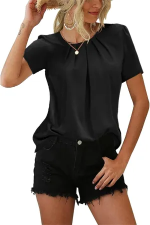 Womens Dressy Business Casual Blouse Pleated Ruffle Short Sleeve Satin Silk Work Shirt Summer Tops 2025