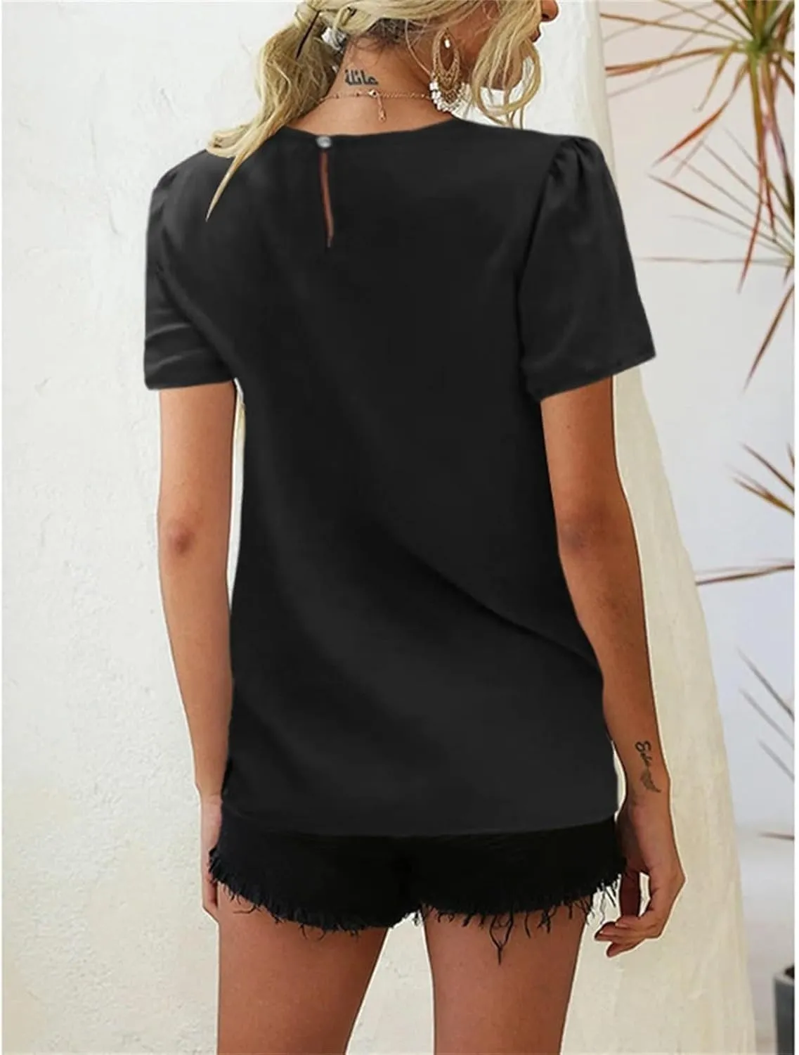 Womens Dressy Business Casual Blouse Pleated Ruffle Short Sleeve Satin Silk Work Shirt Summer Tops 2025