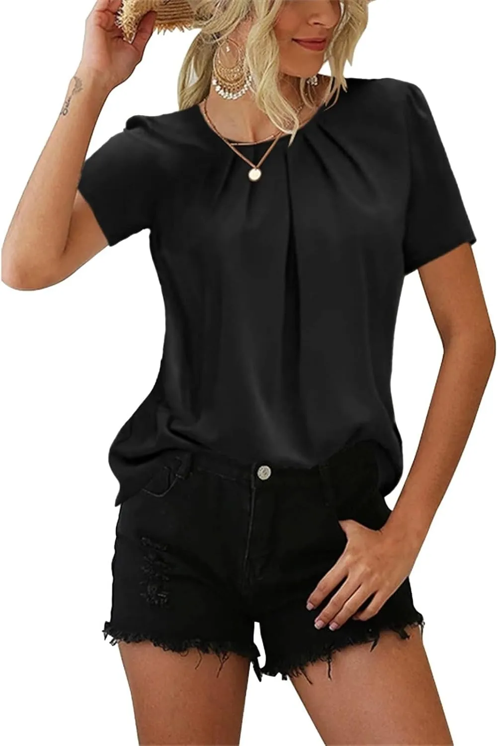 Womens Dressy Business Casual Blouse Pleated Ruffle Short Sleeve Satin Silk Work Shirt Summer Tops 2025