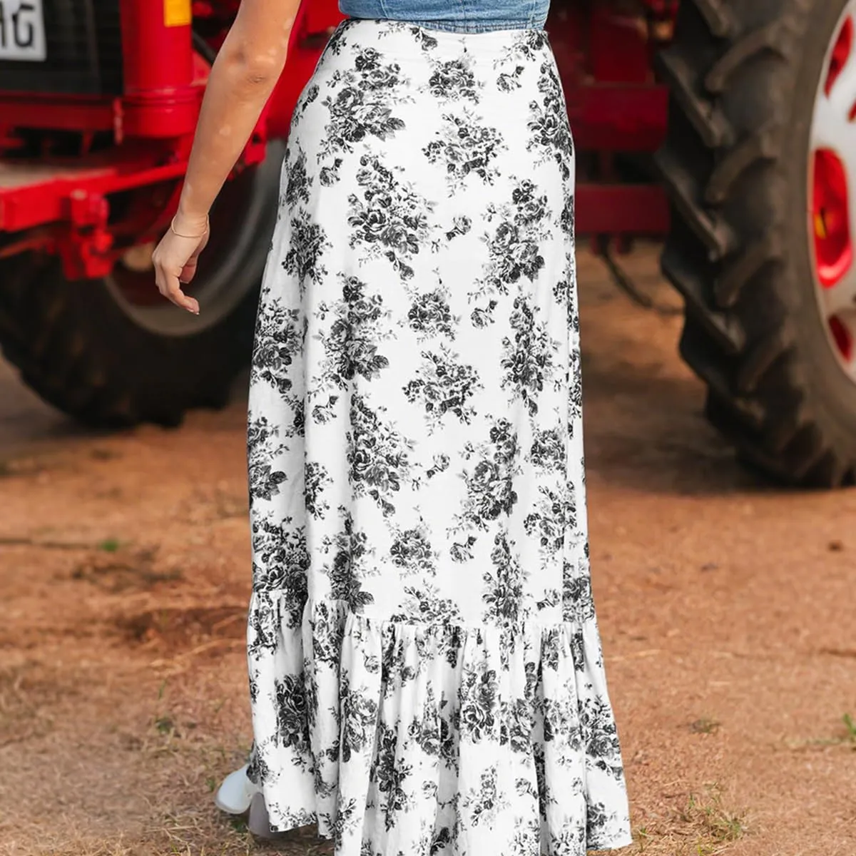 Women's Floral Printed Maxi Skirts Casual Boho Ruffle High Waisted Side Slit Bodycon Skirt Sexy A Line Flowy Skirts