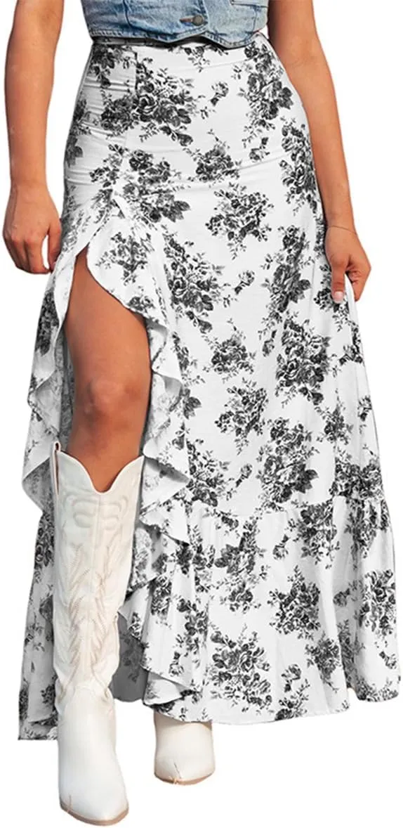 Women's Floral Printed Maxi Skirts Casual Boho Ruffle High Waisted Side Slit Bodycon Skirt Sexy A Line Flowy Skirts