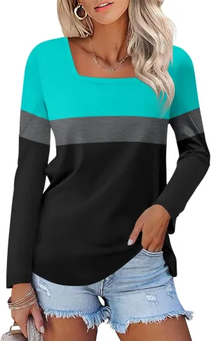Women's Long Sleeve Shirts Square Neck Tunic Tops Dressy Casual Basic Tees Blouse Loose Fit