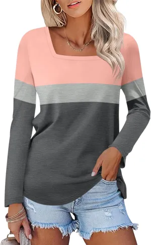 Women's Long Sleeve Shirts Square Neck Tunic Tops Dressy Casual Basic Tees Blouse Loose Fit