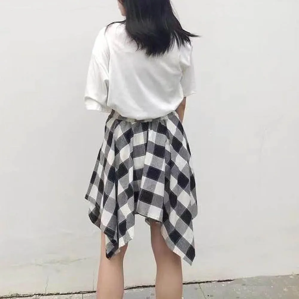 Women's Plaid Skirts Elastic Waisted Short Skirt Knot Front Irregularly Hem Mini Skater Skirt
