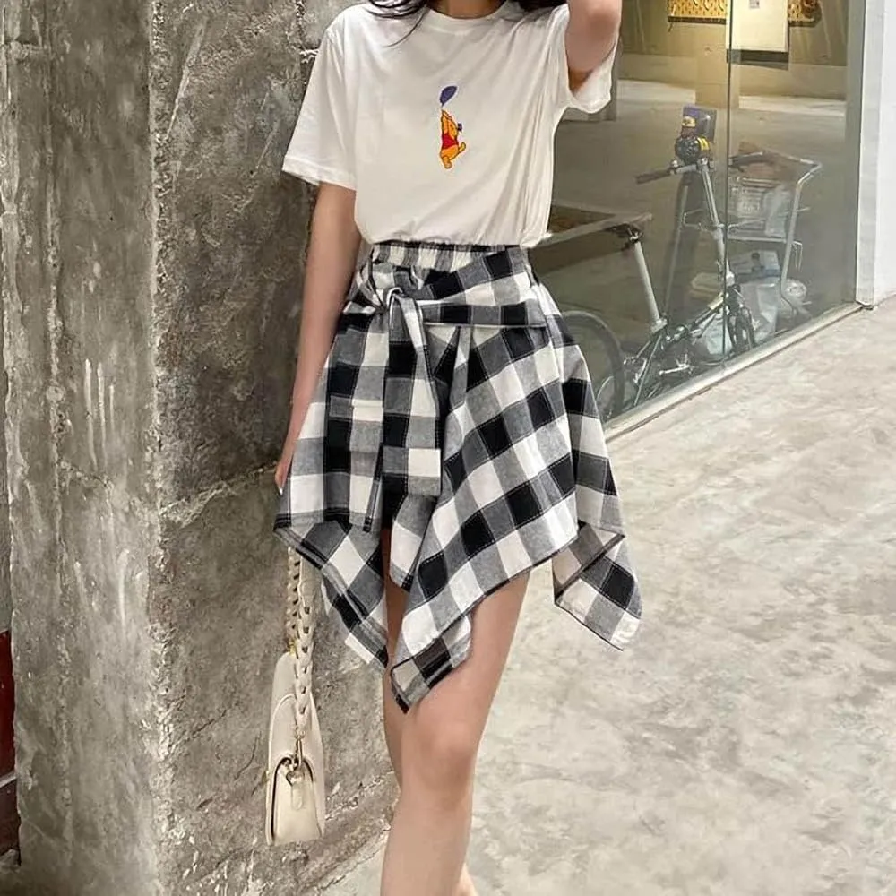 Women's Plaid Skirts Elastic Waisted Short Skirt Knot Front Irregularly Hem Mini Skater Skirt