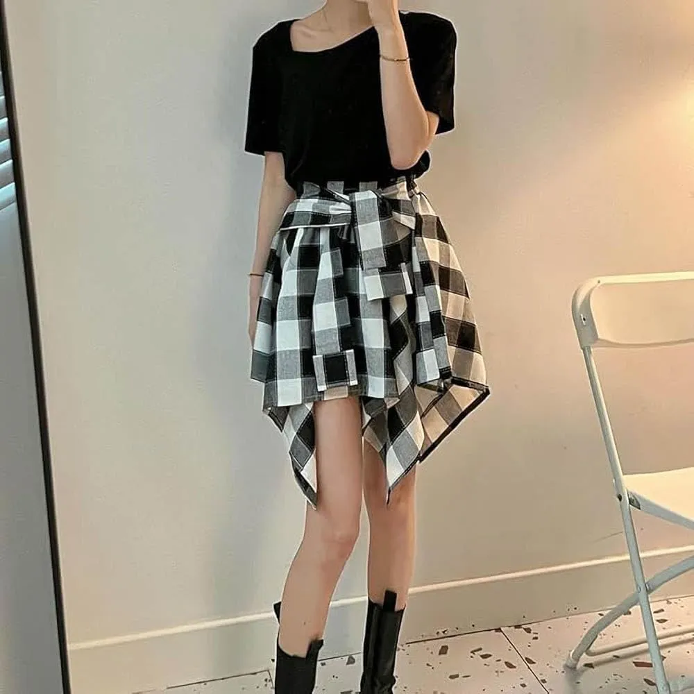 Women's Plaid Skirts Elastic Waisted Short Skirt Knot Front Irregularly Hem Mini Skater Skirt