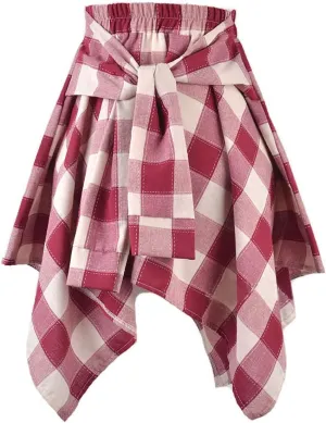 Women's Plaid Skirts Elastic Waisted Short Skirt Knot Front Irregularly Hem Mini Skater Skirt