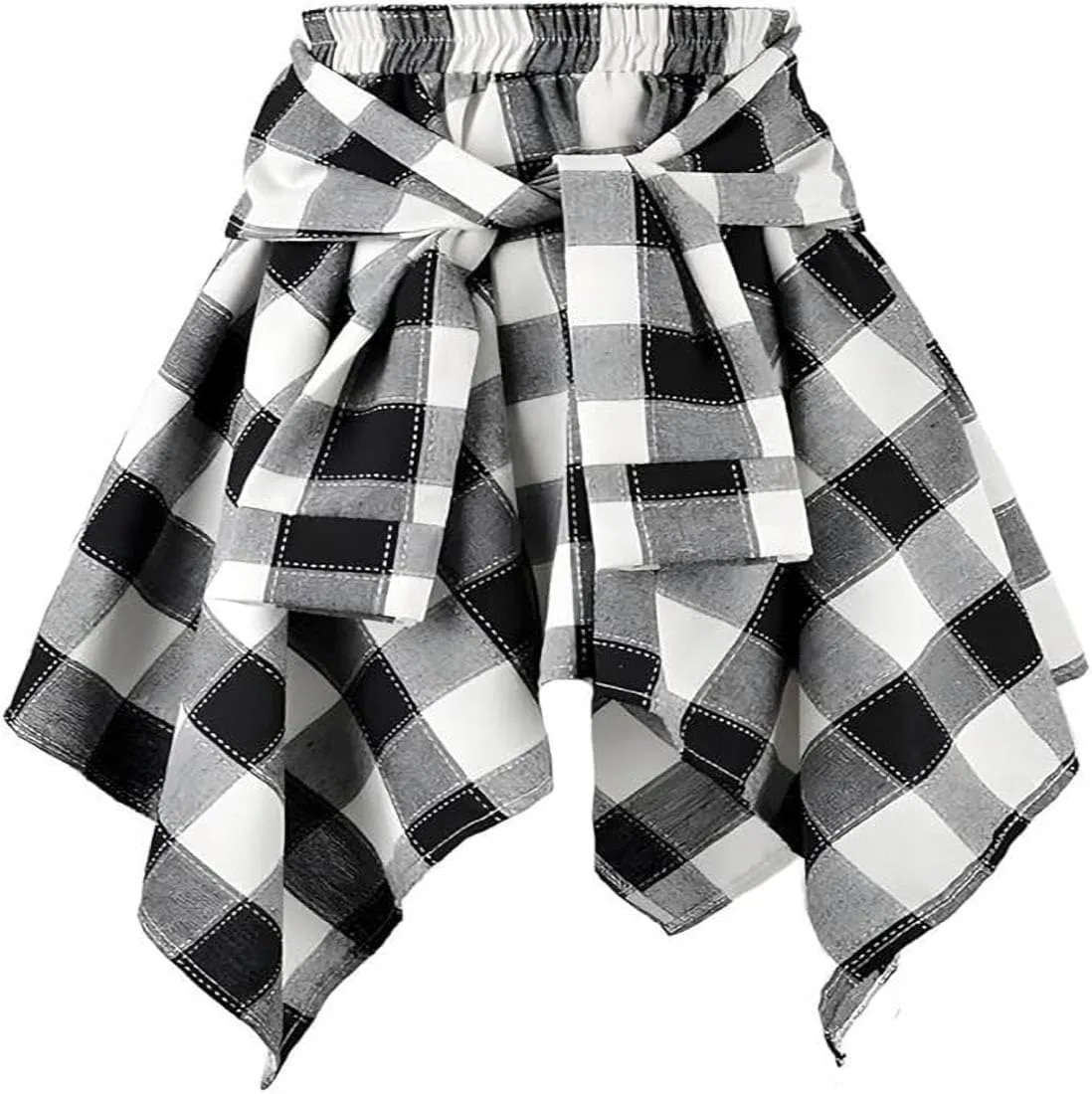 Women's Plaid Skirts Elastic Waisted Short Skirt Knot Front Irregularly Hem Mini Skater Skirt