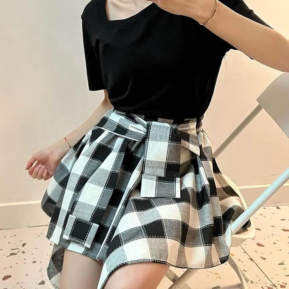 Women's Plaid Skirts Elastic Waisted Short Skirt Knot Front Irregularly Hem Mini Skater Skirt