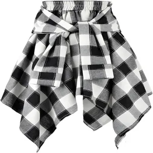 Women's Plaid Skirts Elastic Waisted Short Skirt Knot Front Irregularly Hem Mini Skater Skirt