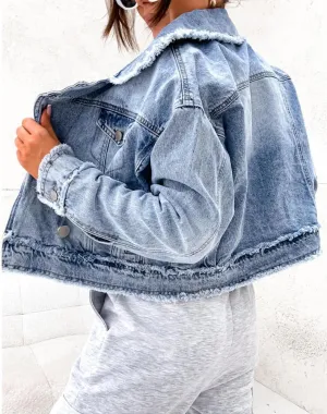 Women's Suit Collar Raw Edge Long Sleeve Single Breasted Distressed Denim Jacket