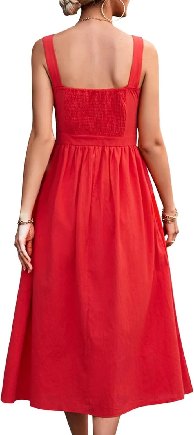 xxxiticat Women's Square Collar Casual Dress Sleeveless Pleated A-Line Summer Beach Boho Elegant Backless Midi Dress