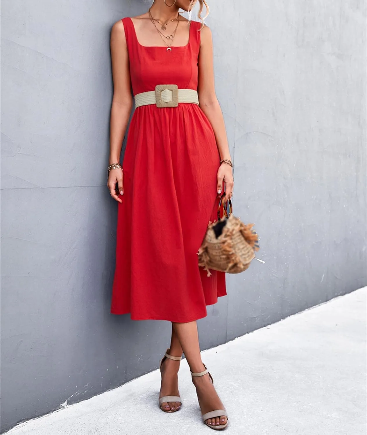 xxxiticat Women's Square Collar Casual Dress Sleeveless Pleated A-Line Summer Beach Boho Elegant Backless Midi Dress