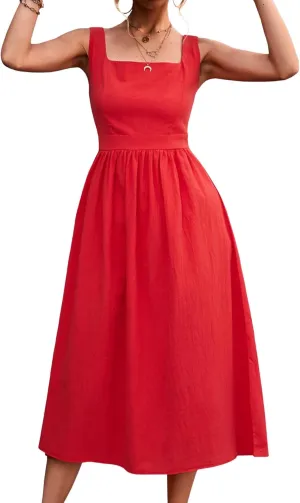 xxxiticat Women's Square Collar Casual Dress Sleeveless Pleated A-Line Summer Beach Boho Elegant Backless Midi Dress