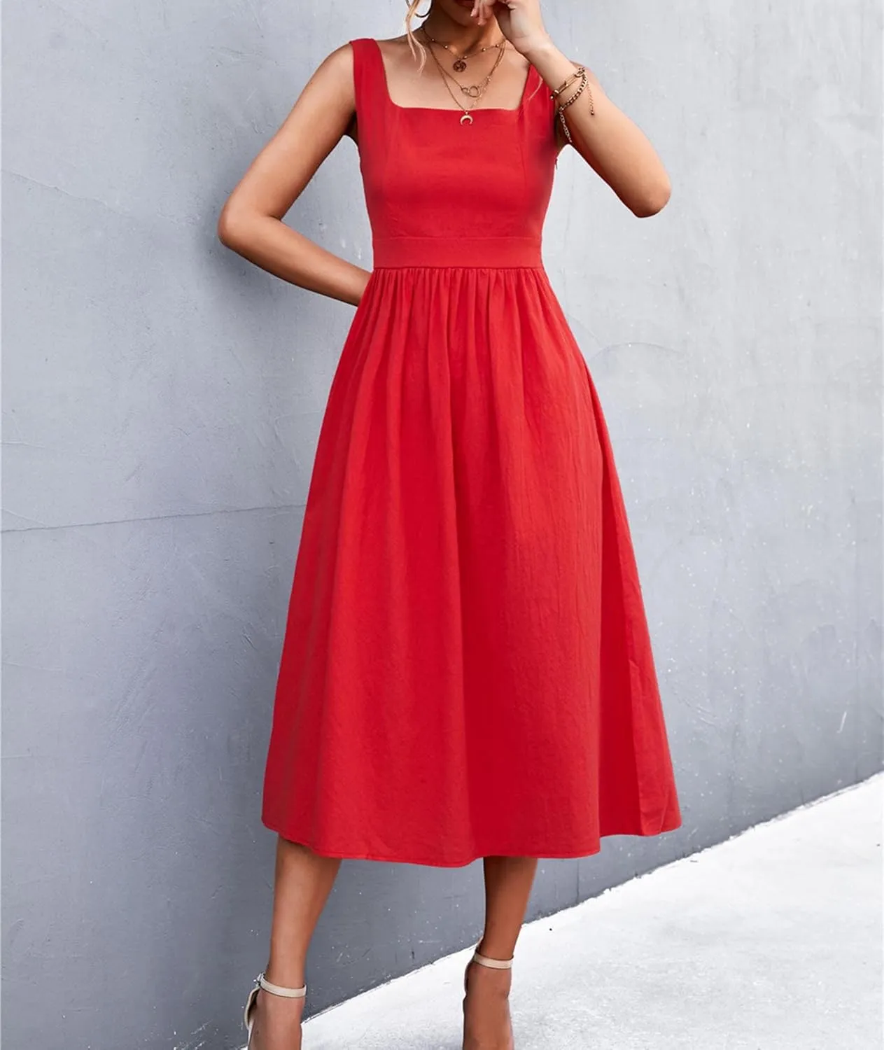xxxiticat Women's Square Collar Casual Dress Sleeveless Pleated A-Line Summer Beach Boho Elegant Backless Midi Dress