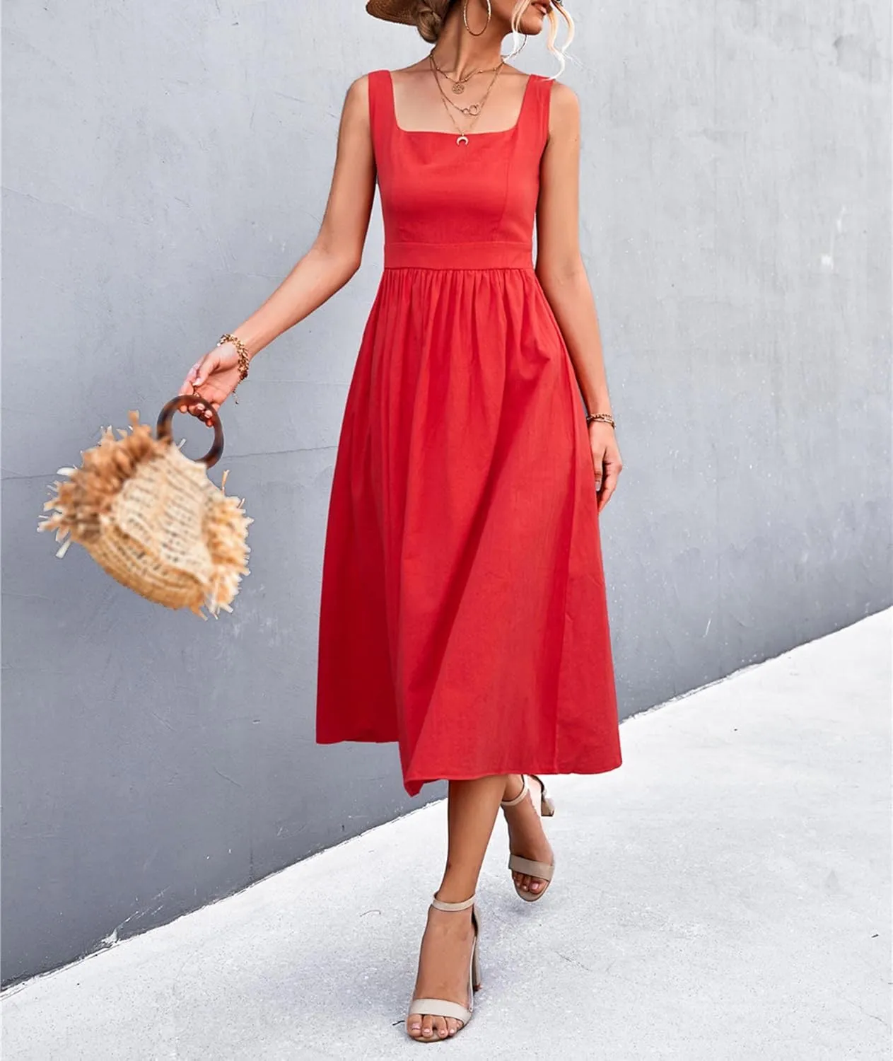 xxxiticat Women's Square Collar Casual Dress Sleeveless Pleated A-Line Summer Beach Boho Elegant Backless Midi Dress