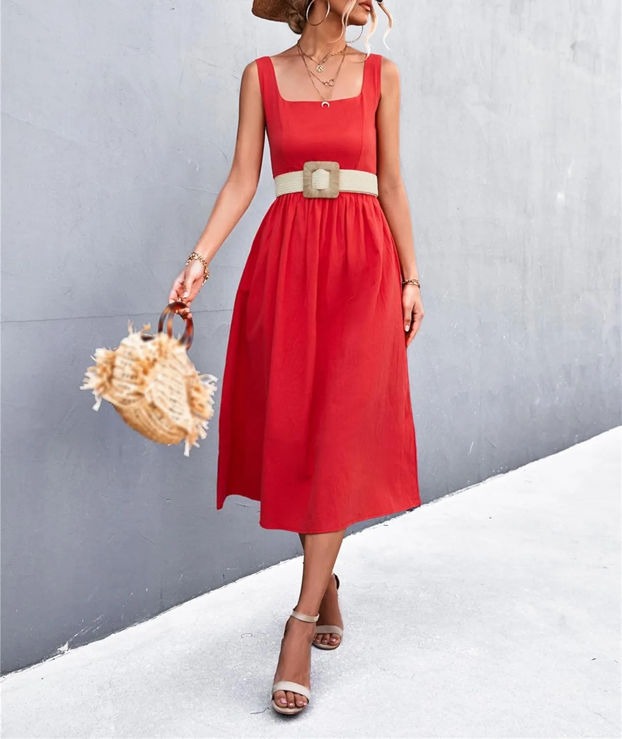xxxiticat Women's Square Collar Casual Dress Sleeveless Pleated A-Line Summer Beach Boho Elegant Backless Midi Dress