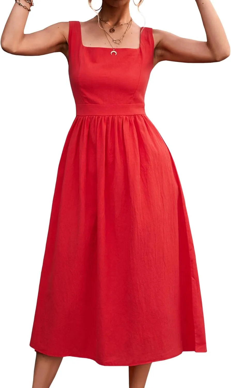 xxxiticat Women's Square Collar Casual Dress Sleeveless Pleated A-Line Summer Beach Boho Elegant Backless Midi Dress